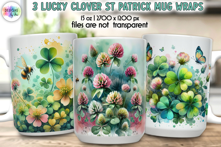 Lucky Clover St Patrick Mug Wrap, Watercolor Floral Shamrock