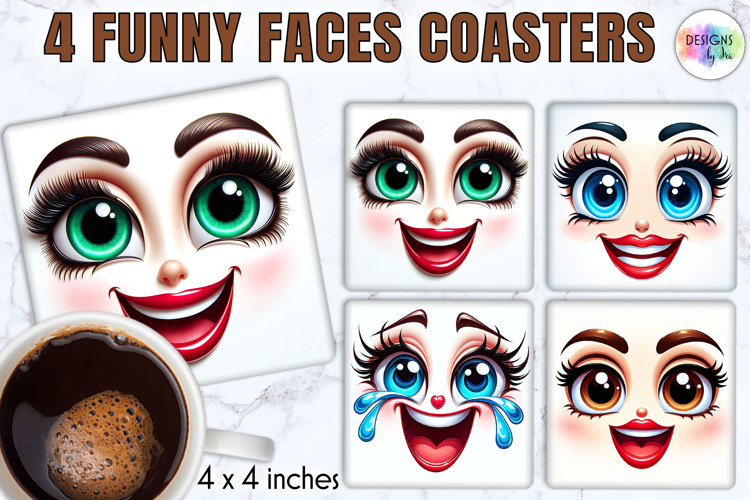 Funny Faces Coasters, Cute Emoji Face Sublimation Designs