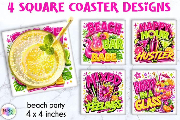 Neon Summer Cocktail Coaster Designs, Tropical Drink Quotes