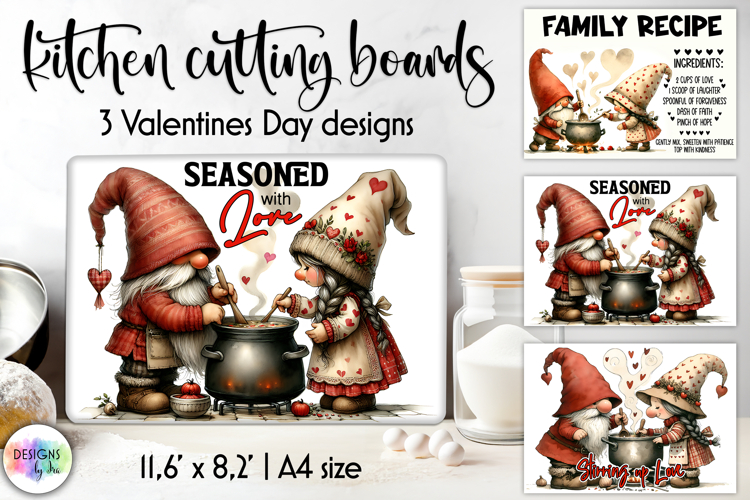 Valentine Gnome Kitchen Cutting Board Designs, Love Baking