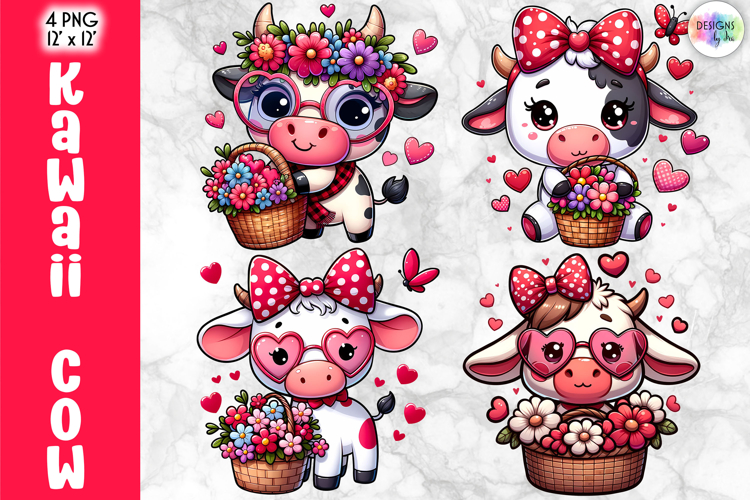 Cute Valentine Highland Cow Clipart, Baby Cow Kawaii PNG