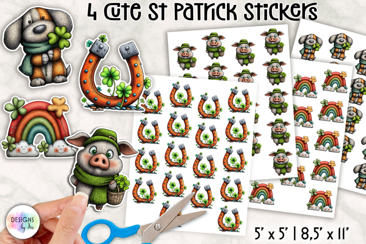 Cute St Patrick Stickers, Shamrock Animals and Lucky Clover