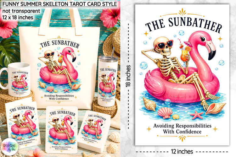 Funny Summer Skeleton Sublimation, Sunbather Tarot Card PNG