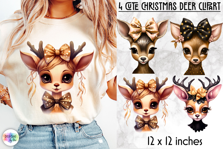 Cute Christmas Deer Clipart, Baby Deer with Coquette Bow PNG