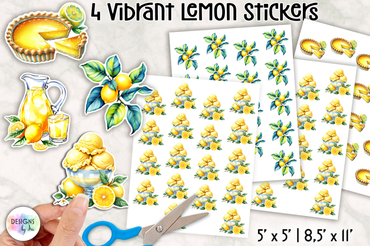 Vibrant Lemon Stickers, Citrus Illustrations, Printable PNG