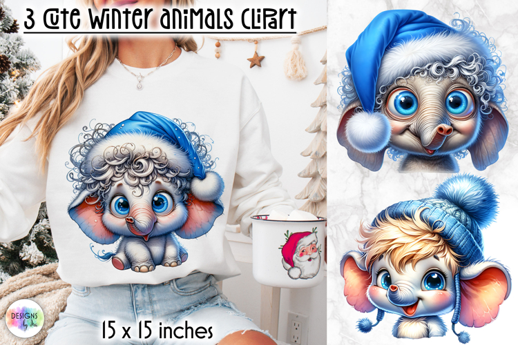 Cute Winter Animals in Blue Hat Clipart, Baby Elephant PNG