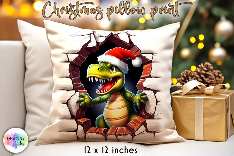 Funny Christmas Pillow, Cute Christmas Dino Broken Wall