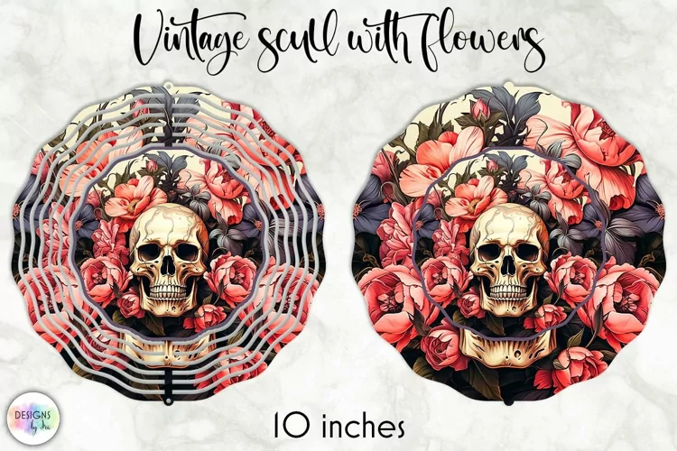 Vintage Skull with Pink Peony Flowers Wind Spinner