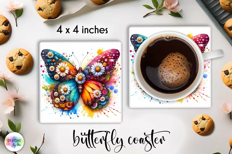 Floral Butterfly Coaster | Watercolour Butterfly Coaster PNG