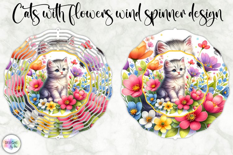 Cat with Flowers Wind Spinner, Spring Flowers and Kitten PNG