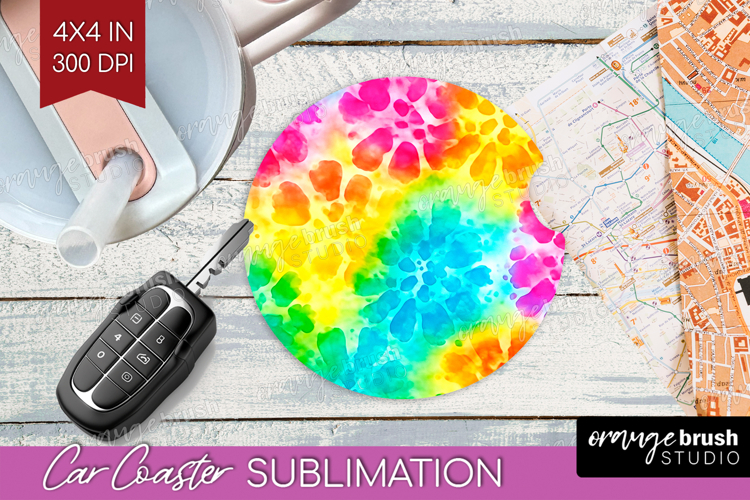 Tie Dye Car Coaster - Rainbow Coaster PNG Sublimation