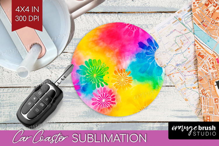 Tie Dye Car Coaster - Rainbow Coaster PNG Sublimation
