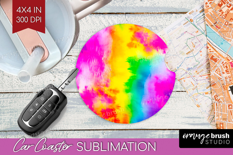 Tie Dye Car Coaster - Rainbow Coaster PNG Sublimation