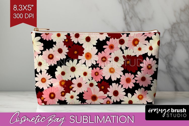 Retro Flowers Cosmetic Bag - Floral Makeup Bag PNG example image 1