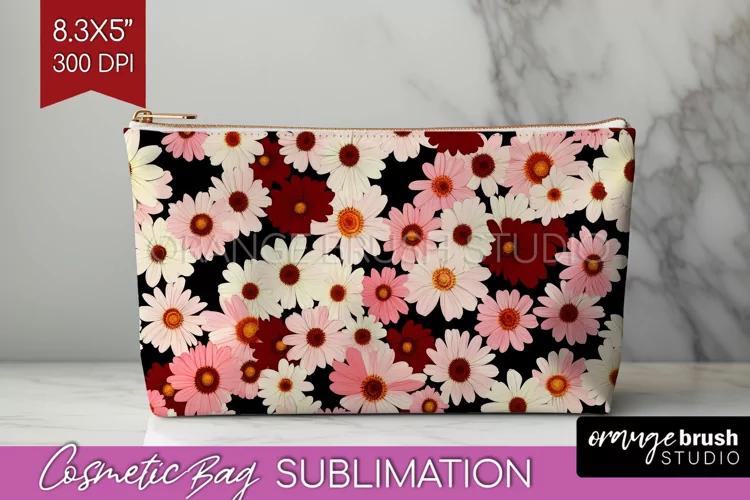Retro Flowers Cosmetic Bag - Floral Makeup Bag PNG
