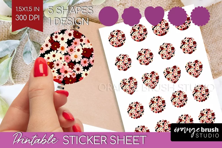 Retro Flowers Round Sticker - Floral Printable Sticker Sheet