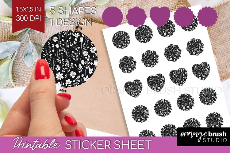 Retro Flowers Round Sticker - Floral Printable Sticker Sheet example image 1