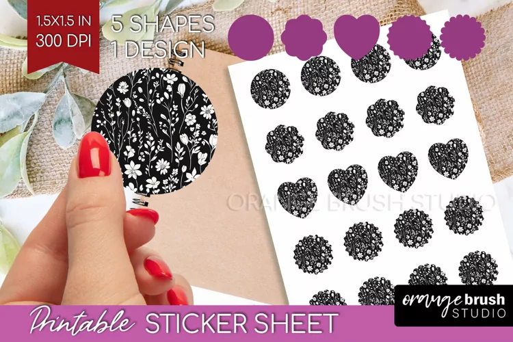 Retro Flowers Round Sticker - Floral Printable Sticker Sheet