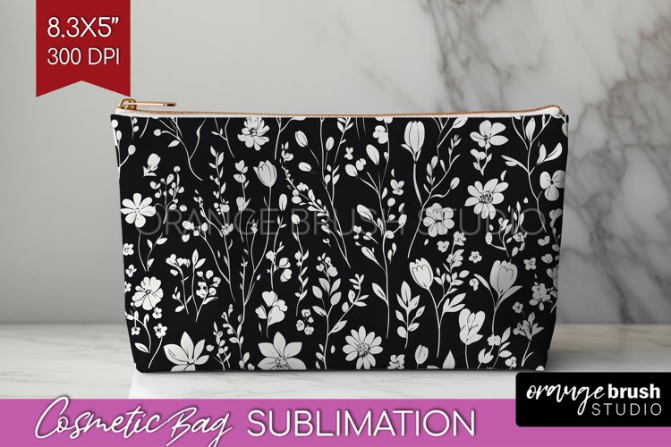 Retro Flowers Cosmetic Bag - Floral Makeup Bag PNG example image 1