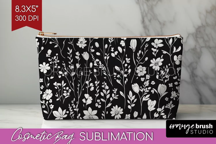 Retro Flowers Cosmetic Bag - Floral Makeup Bag PNG