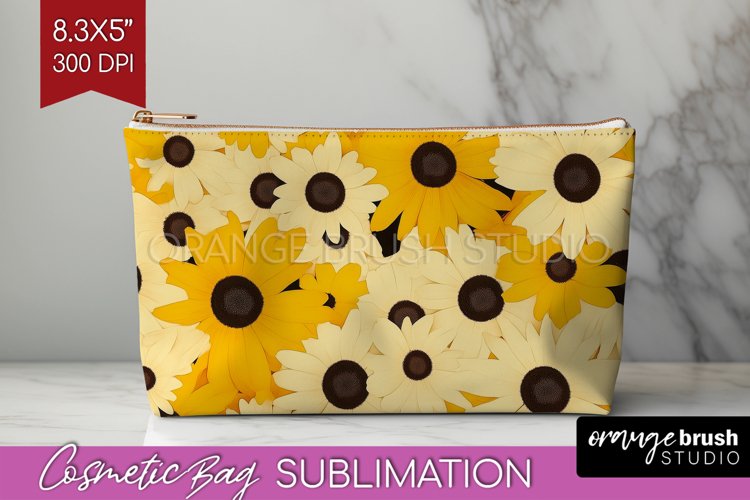 Retro Flowers Cosmetic Bag - Floral Makeup Bag PNG example image 1