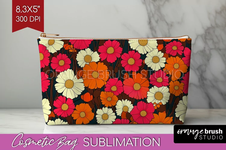 Retro Flowers Cosmetic Bag - Floral Makeup Bag PNG