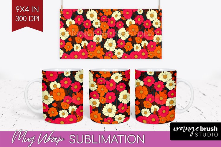 Retro Flowers Mug Wrap - Floral Mug PNG Sublimation