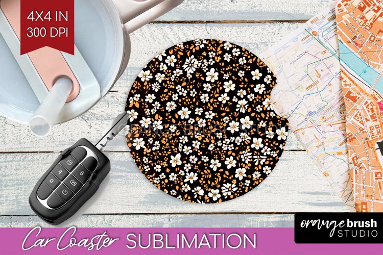 Retro Flowers Car Coaster - Floral Coaster PNG Sublimation