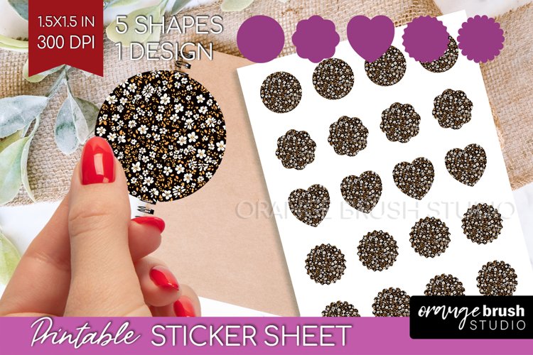 Retro Flowers Round Sticker - Floral Printable Sticker Sheet example image 1
