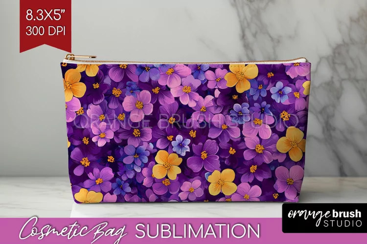 Retro Flowers Cosmetic Bag - Floral Makeup Bag PNG