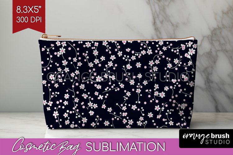 Retro Flowers Cosmetic Bag - Floral Makeup Bag PNG example image 1