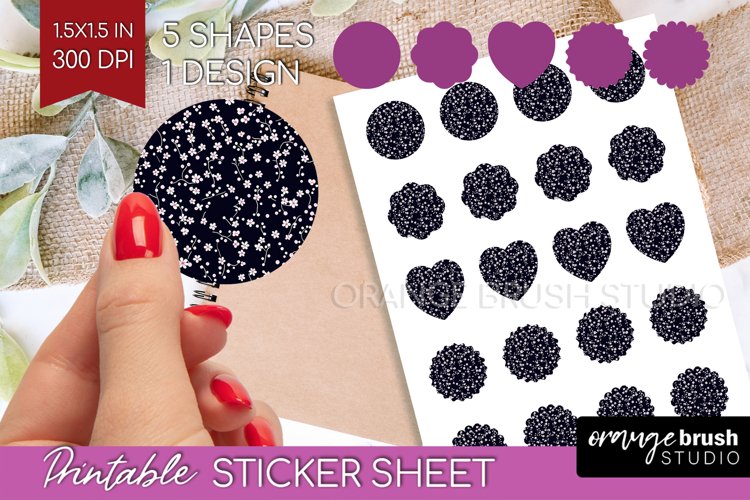 Retro Flowers Round Sticker - Floral Printable Sticker Sheet example image 1