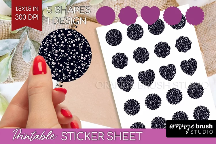 Retro Flowers Round Sticker - Floral Printable Sticker Sheet