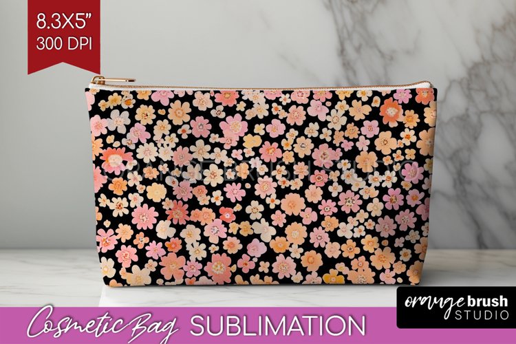 Retro Flowers Cosmetic Bag - Floral Makeup Bag PNG example image 1