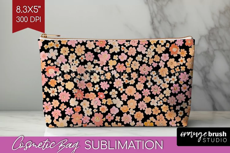 Retro Flowers Cosmetic Bag - Floral Makeup Bag PNG