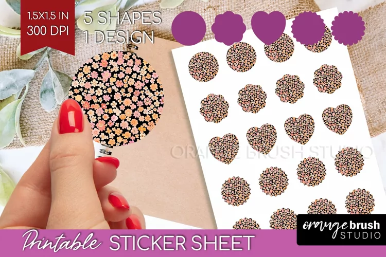Retro Flowers Round Sticker - Floral Printable Sticker Sheet