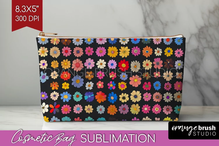 Retro Flowers Cosmetic Bag - Floral Makeup Bag PNG