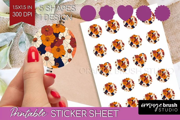Retro Flowers Round Sticker - Floral Printable Sticker Sheet