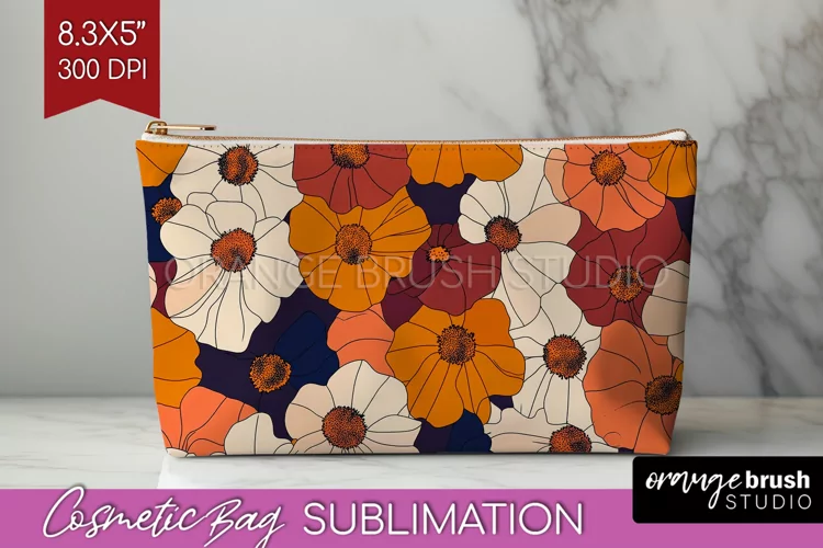 Retro Flowers Cosmetic Bag - Floral Makeup Bag PNG
