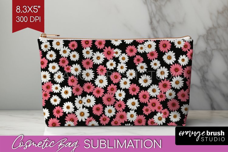 Retro Flowers Cosmetic Bag - Floral Makeup Bag PNG example image 1