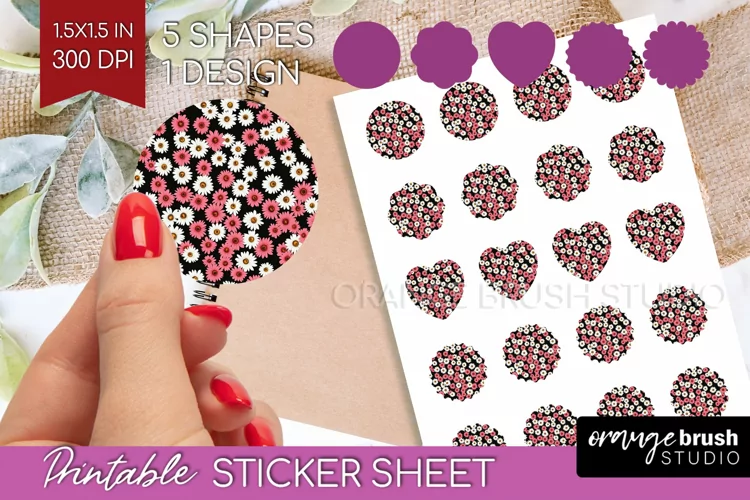 Retro Flowers Round Sticker - Floral Printable Sticker Sheet