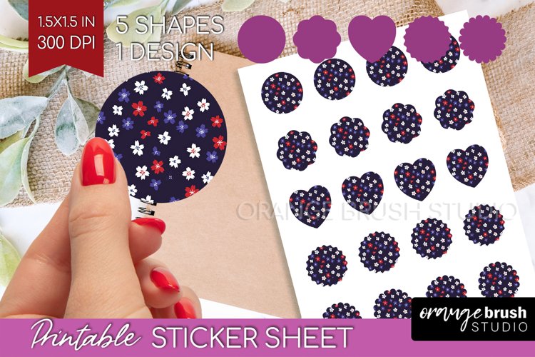 Retro Flowers Round Sticker - Floral Printable Sticker Sheet example image 1