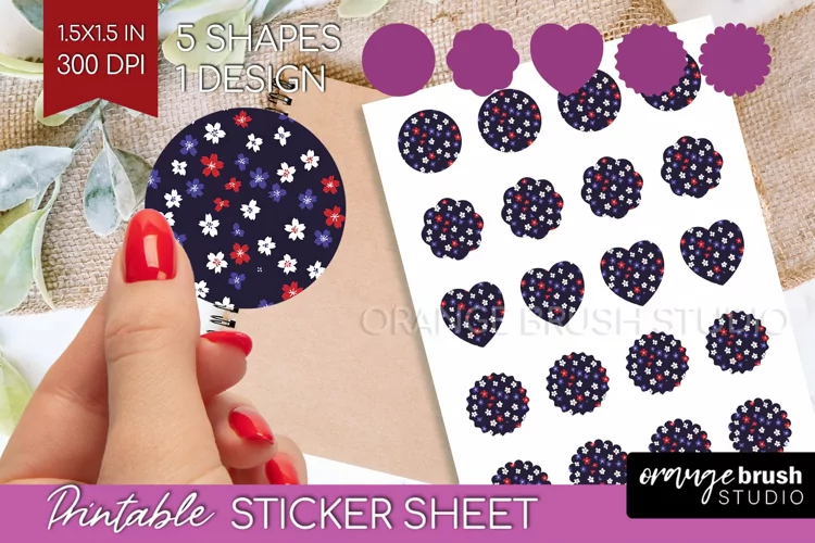 Retro Flowers Round Sticker - Floral Printable Sticker Sheet