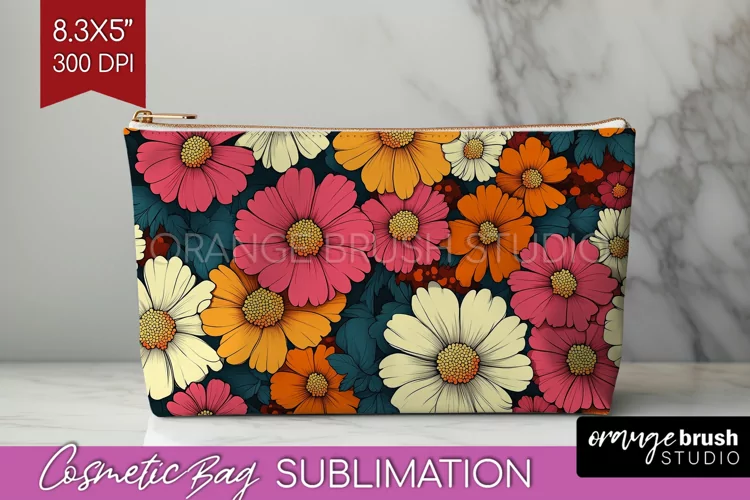 Retro Flowers Cosmetic Bag - Floral Makeup Bag PNG