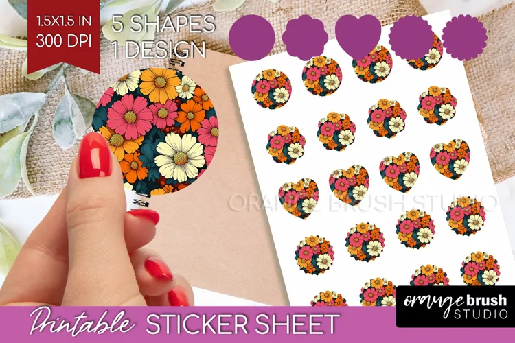 Retro Flowers Round Sticker - Floral Printable Sticker Sheet