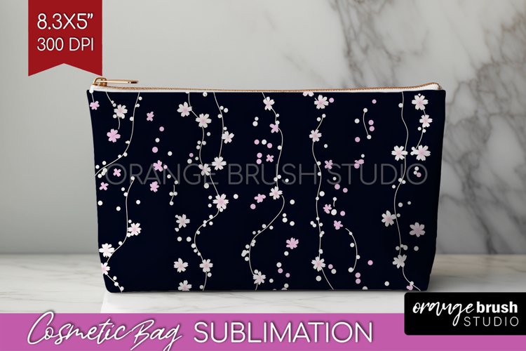 Retro Flowers Cosmetic Bag - Floral Makeup Bag PNG example image 1