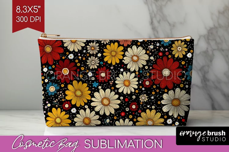 Retro Flowers Cosmetic Bag - Floral Makeup Bag PNG