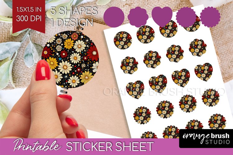 Retro Flowers Round Sticker - Floral Printable Sticker Sheet example image 1