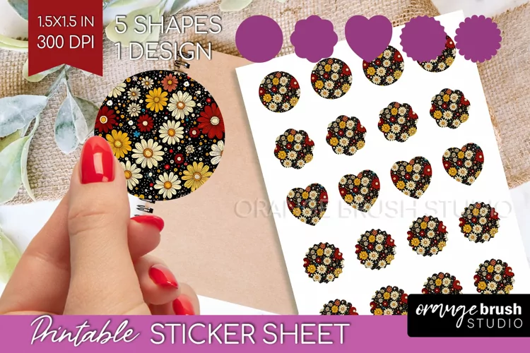 Retro Flowers Round Sticker - Floral Printable Sticker Sheet
