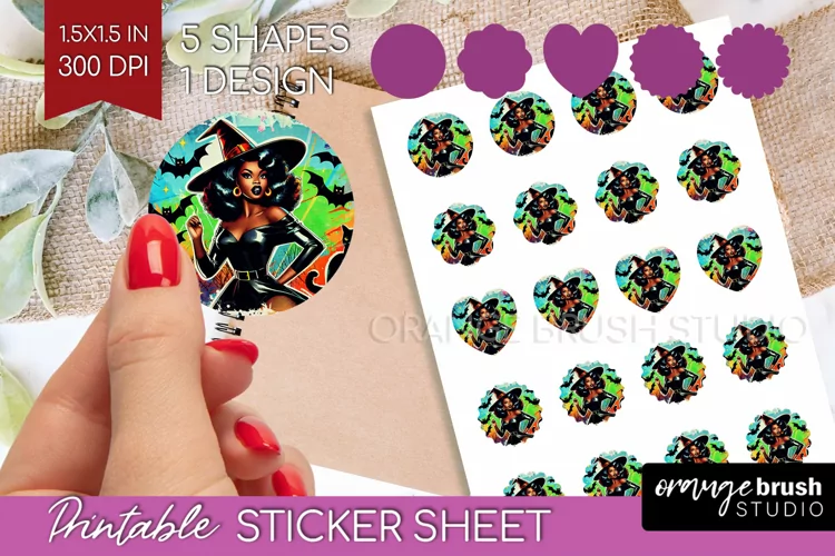Witch Round Sticker - Retro Halloween Printable Sticker